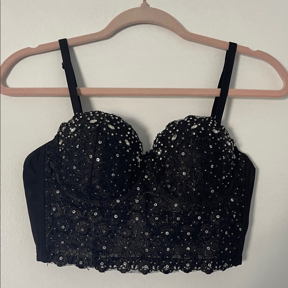 Chic Black Embellished Strapless Crop Top